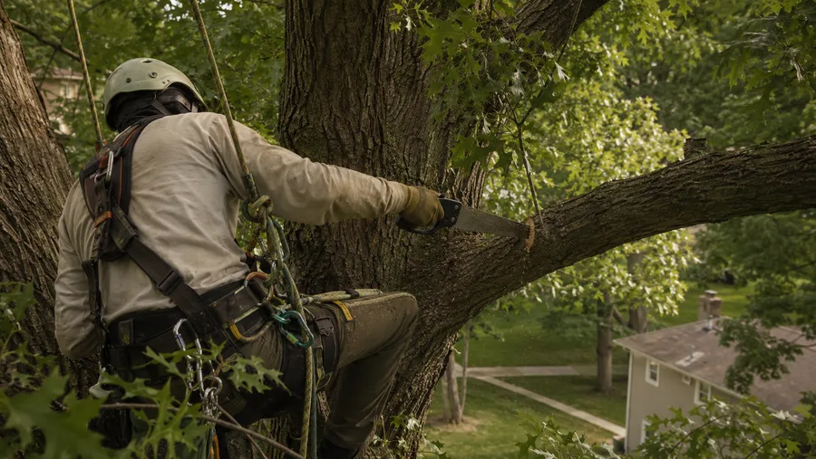 Climber in harness making a pruning cut on a mature oak