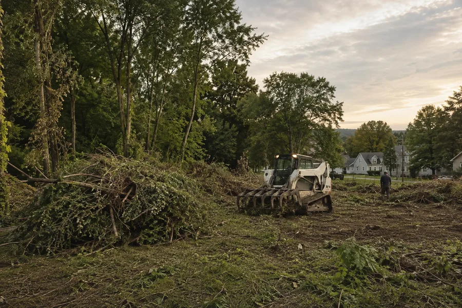 Skid steer with grapple clearing brush from an overgrown lot