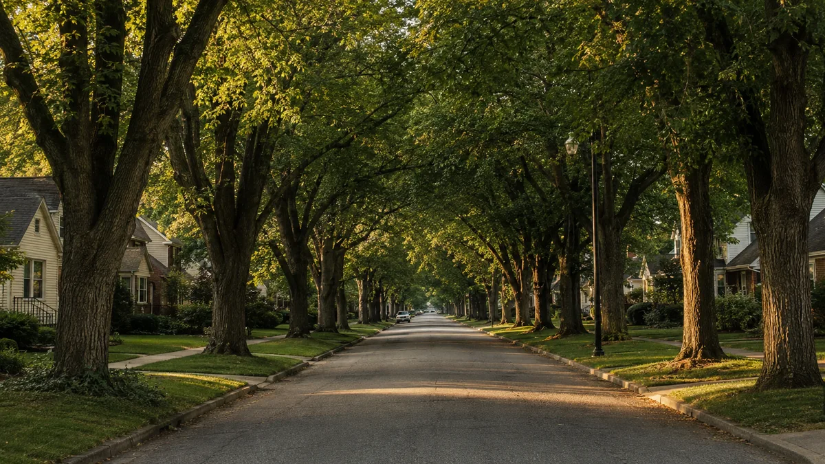 Mature maple canopy meeting over a residential Elyria street