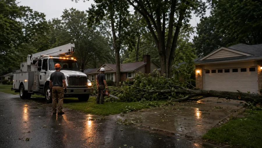 Crew clearing a storm-fallen limb from a driveway at dusk