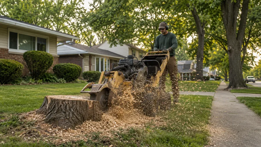 Stump grinder cutting a front-yard stump below grade