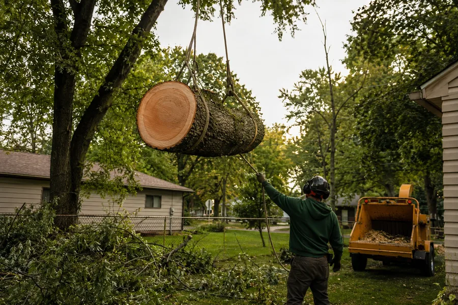 Trunk section lowered on rigging ropes during a backyard removal