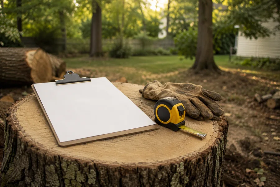 Estimate clipboard and tape measure resting on a fresh-cut stump